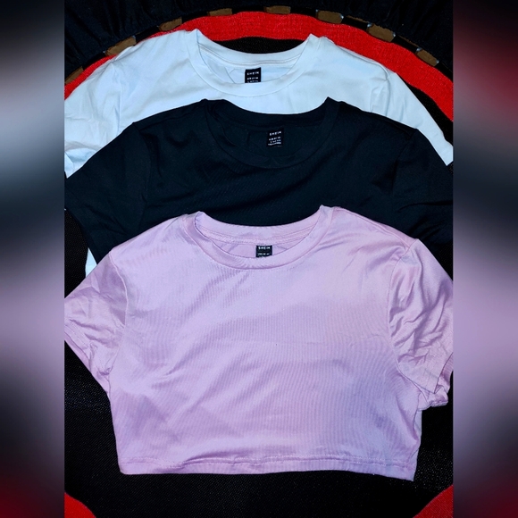 Tops - Set of Three Crop Tops - Black, White, and Pink